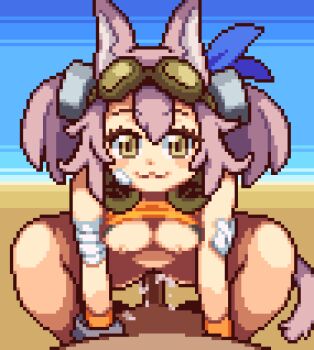 1boy 1girl :3 animal_ears animated animated_gif blush bottomless bouncing_breasts breasts cat_ears cat_girl cat_tail closed_eyes closed_mouth clothes_lift commentary_request commission cum cum_in_pussy cum_overflow duel_monster goggles goggles_on_head hair_between_eyes hetero kitt_(yu-gi-oh!) looking_at_viewer lowres medium_hair open_mouth orange_shirt osimder paid_reward_available penis pink_hair pixel_art pixiv_commission pov pussy sex shirt shirt_lift sleeveless sleeveless_shirt small_breasts squatting_cowgirl_position tail tri-brigade_kitt twintails vaginal yellow_eyes yu-gi-oh!