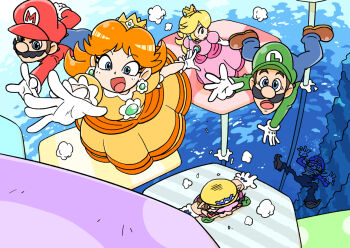 2girls 3boys blue_eyes blue_overalls brown_hair brown_shoes crown dress earrings facial_hair flower_earrings gloves green_hat green_shirt hat jewelry junnosu luigi mario mario_(series) mario_party mario_party_superstars multiple_boys multiple_girls mustache nintendo open_mouth orange_dress overalls pink_dress princess_daisy princess_peach red_hat red_shirt shirt shoes smile waluigi wario water white_gloves