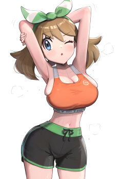 1girl absurdres armpits bare_arms bare_shoulders black_shorts blue_eyes blush bow_hairband breasts brown_hair cleavage gonzarez hairband highres large_breasts looking_at_viewer may_(pokemon) midriff navel nintendo one_eye_closed orange_sports_bra parted_lips pokemon pokemon_emerald pokemon_rse shorts simple_background solo sports_bra sweat white_background workout_clothes