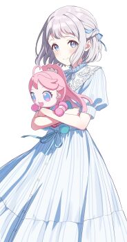 Rule 34 | 1girl, blush, buttons, character request, closed mouth, commentary, doll, dress, feet out of frame, gakuen idolmaster, grey eyes, grey hair, highres, holding, holding doll, idolmaster, katsuragi lilja, kitano yukito, looking at viewer, short hair, short sleeves, simple background, smile, standing, striped clothes, striped dress, vertical-striped clothes, vertical-striped dress, white background, white dress