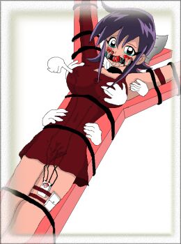 1girl abuse ball_gag barefoot bdsm black_eyes bondage bound breasts crying duel duel_masters full_body gag gagged ghost grabbing_another&#039;s_breast groping legs masters mechanical_fixation mimi mimi_tasogare purple_hair sex_toy sitting streaming_tears tears tickle_torture tickling torture vibrator