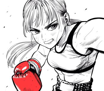 1girl abs boxing boxing_gloves boxing_shorts commentary_request crosshatching flying_sweatdrops gloves hatching_(texture) highres lee_(dragon_garou) linea_alba low_ponytail monochrome mouth_guard original ponytail red_gloves serious shorts solo spot_color sweat toned toned_female upper_body very_sweaty