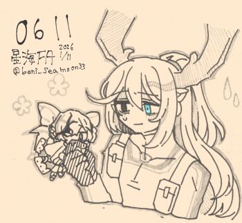 Rule 34 | antlers, artist name, beni seamoon33, bodysuit, comedic sweatdrop, commentary, dated, e.g.o (project moon), fairy, fairy wings, flower symbol, gloves, heterochromia, high ponytail, highres, horns, lantern (e.g.o), limbus company, mini person, miniboy, monochrome, plant roots, ponytail, project moon, r corp. (identity) (project moon), reindeer antlers, ship name, spot color, traditional media, twitter username, wings