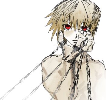 Rule 34 | 1boy, androgynous, blonde hair, chain, hand chains, hand up, hunter x hunter, jewelry, khentaiu, kurapika, male focus, multiple rings, red eyes, ring, serious, short hair, simple background, sketch, solo, topless male, upper body, white background