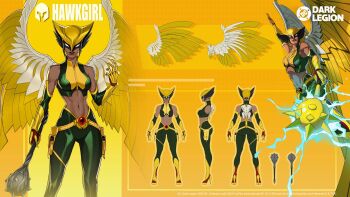 boots breasts claws commentary crop_top dark-skinned_female dark_skin dc:_dark_legion dc_comics detached_sleeves english_commentary gloves hawkgirl helmet high_heel_boots high_heels highres holster medium_breasts midriff multicolored_boots multiple_views navel official_art pants reference_sheet skin_tight sleeveless solid_eyes thigh_holster wings