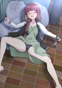 1girl ^_^ alcohol beer black_bow black_jacket black_panties blunt_bangs blurry blush bocchi_the_rock! bottle bow braid breasts breath brown_footwear cameltoe closed_eyes collarbone depth_of_field dress drink drinking_straw drooling drunk fang female_focus geta green_dress hair_bow hair_over_shoulder hand_up happy highres hiroi_kikuri holding holding_bottle holding_drink jacket juice_box long_hair long_sleeves lying ms_himematu nose_blush on_back open_clothes open_jacket open_mouth outdoors panties pantyshot raglan_sleeves railing red_hair saliva sandals shiny_skin sidelocks single_braid single_sandal small_breasts smile solo spread_legs thighs tile_floor tiles trash_bag underwear upskirt white_sleeves