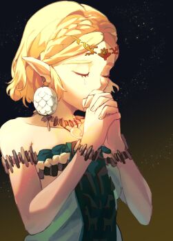 1girl armlet bare_shoulders bracelet braid breasts circlet closed_eyes crown_braid dress earrings frost_mourne highres jewelry medium_breasts nintendo own_hands_clasped own_hands_together parted_bangs pendant_choker pointy_ears praying princess_zelda short_hair sidelocks solo strapless strapless_dress teardrop_facial_mark the_legend_of_zelda the_legend_of_zelda:_tears_of_the_kingdom upper_body