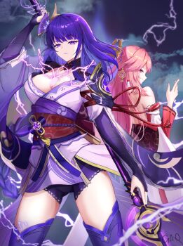 2girls animal_ear_piercing animal_ears armor artist_name blue_sky blunt_bangs blurry blurry_background braid breasts bridal_gauntlets cleavage cloud cloudy_sky commentary couple detached_sleeves electricity engulfing_lightning_(genshin_impact) fan_hair_ornament fox_ears fox_girl gao_kawa genshin_impact hair_between_eyes hair_ornament headpiece highres holding holding_polearm holding_sword holding_weapon huge_breasts japanese_clothes katana kimono large_breasts lingerie long_braid long_hair long_sleeves looking_at_viewer looking_to_the_side mitsudomoe_(shape) mole mole_under_eye multiple_girls musou_isshin_(genshin_impact) neck_ribbon off_shoulder outdoors pink_hair polearm purple_eyes purple_hair purple_kimono purple_thighhighs raiden_shogun red_ribbon red_sash ribbon sash shade shoulder_armor sky standing storm sword thighhighs thighs tomoe_(symbol) underwear upper_body weapon wide_sleeves yae_miko yuri