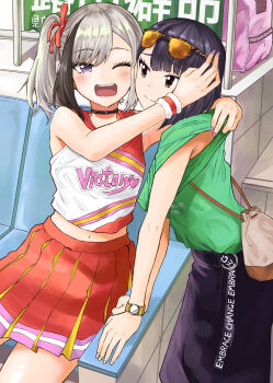2girls absurdres arm_around_neck armpit_crease black_choker black_eyes black_hair black_pants black_streaks blush choker closed_mouth clothes_writing commentary_request crop_top cropped_shirt eyelashes eyewear_on_head green_shirt grey_eyes grey_hair hair_ribbon highres multicolored_hair multicolored_shirt multiple_girls nail_polish navel nyankosisyou one_eye_closed one_side_up open_mouth orange-tinted_eyewear original pants pleated_skirt print_shirt rectangular_mouth red_ribbon red_skirt ribbon shirt shirt_tucked_in short_hair short_sleeves sitting skirt split_mouth standing streaked_hair striped_nails tinted_eyewear wristband