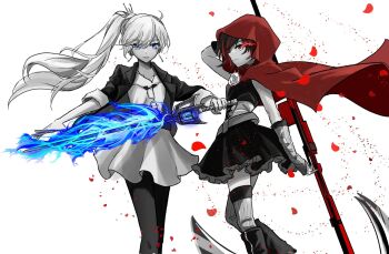 2girls black_dress blue_eyes blush cape color_contrast commentary dress english_commentary fire flaming_sword flaming_weapon glowing glowing_eye gradient_hair grey_eyes highres holding holding_weapon jacket long_hair multicolored_hair multiple_girls petals red_hair red_hood rose_petals ruby_rose rwby scar scar_across_eye scar_on_face scythe short_hair sword tuemei weapon weiss_schnee white_dress white_hair yuri