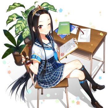 1girl black_hair black_socks blue_corset blue_neckerchief blue_sailor_collar blue_skirt chair clarice_lapis clipboard corset desk forehead from_above gold_tiara holding holding_clipboard holding_stamp kneehighs loafers long_hair looking_at_viewer neckerchief note notebook on_chair one_eye_closed plaid_clothes plaid_corset plaid_skirt plant potted_plant red_eyes sailor_collar salt_(salty) school_chair school_desk school_uniform shirt shoes short_sleeves sitting skirt socks uchi_no_hime-sama_ga_ichiban_kawaii white_shirt