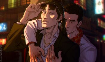Rule 34 | 2boys, black hair, black jacket, bruise on hand, chain, chain necklace, chain print, city, commentary, eyewear on head, formal clothes, highres, hug, hug from behind, jacket, jewelry, kiryu kazuma, majima goro, male focus, multiple boys, necklace, neon lights, night, one eye closed, pinstripe jacket, pinstripe pattern, ryuu ga gotoku (series), ryuu ga gotoku 0, suit, sunglasses, symbol-only commentary, teppn (gattobamboom), white jacket, yaoi