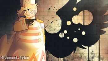 1boy abel_(hazbin_hotel) angel angel_wings arm_at_side artist_name blonde_hair brown_gloves fat fat_man feathered_wings gloves halo hand_up hat hazbin_hotel hellaverse long_sleeves looking_at_viewer missing_tooth scene_reference short_hair solo teeth upmost_rylan watermark white_hat wings