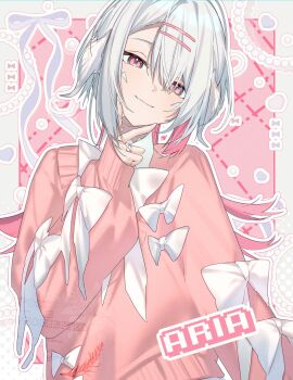 1girl au_ra bow character_name collared_shirt colored_inner_hair dragon_girl dragon_horns final_fantasy final_fantasy_xiv hair_ornament hairclip highres horns jewelry long_hair looking_at_viewer motsuni_(lxxe1120) multicolored_hair parallel_hairclips pink_hair pink_sweater red_eyes ring scales shirt solo sweater too_many_bows v warrior_of_light_(ff14) white_bow white_hair white_shirt