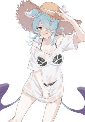 Rule 34 | 1girl, aqua eyes, bare shoulders, bikini, black bikini, blue hair, bow-shaped hair, breasts, collarbone, edage 18, elira pendora, hair over one eye, hat, head wings, highres, large breasts, looking at viewer, low wings, mole, mole on armpit, nijisanji, nijisanji en, off shoulder, open mouth, oversized clothes, oversized shirt, see-through, see-through shirt, shirt, shirt tug, simple background, solo, straw hat, swimsuit, swimsuit under clothes, virtual youtuber, wet, wet clothes, wet shirt, white background, white shirt, wings