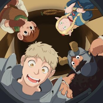 1girl 3boys beard chilchuck_tims cooking disgust drooling dungeon_meshi dwarf elf facial_hair fake_horns from_below hand_on_own_chin helmet highres holding holding_ladle horned_helmet horns hungry ladle laios_touden long_beard male_focus marcille_donato mouth_drool mrswirly multiple_boys mustache pointy_ears pov senshi_(dungeon_meshi) stroking_own_chin thick_mustache very_long_beard