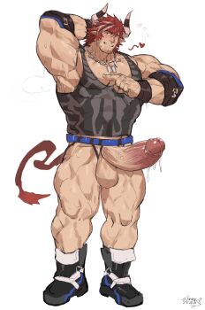 1boy arknights arm_up armpits bara beard_stubble biceps black_tank_top chinese_commentary commentary_request cow_horns cow_tail erection facial_hair flying_sweatdrops grin heart highres horns humus_(arknights) humus_(blazing_street_view)_(arknights) jewelry looking_at_viewer male_focus muscular muscular_male necklace no_pants pectoral_cleavage pectorals penis pointing precum presenting_armpit red_hair shaqiqi2077 smile stubble sweat tail tank_top testicles veins veiny_penis very_sweaty white_background