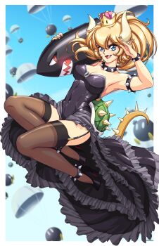 Rule 34 | 1girl, absurdres, animal ears, banzai bill, black dress, black nails, black shoes, blonde hair, blue eyes, bowsette, bracelet, breasts, brown thighhighs, cleavage, collar, covered navel, dress, fang, garter straps, high heels, highres, jewelry, large breasts, long hair, looking at viewer, mario (series), new super mario bros. u deluxe, nintendo, off-shoulder dress, off shoulder, open mouth, parabomb, pointy ears, ponytail, rabbit ears, shoes, sirknightbot, smile, solo, spiked bracelet, spiked collar, spikes, super crown, tail, thighhighs, urushihara satoshi (style)