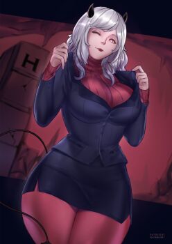 1girl black_horns black_jacket black_skirt black_tail blazer breasts curvy demon_girl demon_horns demon_tail flat_obelisk full_body hell helltaker highres horns jacket large_breasts lips medium_hair modeus_(helltaker) one_eye_closed pantyhose patreon_username red_eyes red_lips red_pantyhose red_sweater removing_jacket ribbed_sweater skirt sweater tail thighs white_hair