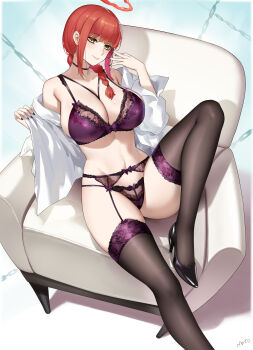 1girl absurdres artist_name bare_shoulders black_shoes black_thighhighs bra braid braided_ponytail breasts chain chainsaw_man chair commentary fingernails foot_out_of_frame halo high_heels highres knee_up lace lace-trimmed_bra lace-trimmed_panties lace_trim large_breasts lingerie looking_at_viewer makima_(chainsaw_man) mato_kuroi nail_polish navel on_chair open_clothes open_shirt orange_hair panties purple_bra purple_garter_belt purple_nails purple_panties ringed_eyes shirt shoes sidelocks signature sitting smile solo stomach thighhighs underwear white_shirt yellow_eyes
