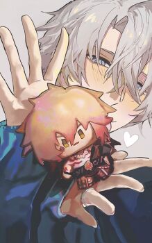 1boy allsun111 blue_eyes blue_sweater character_doll doll hashtag-only_commentary honkai:_star_rail honkai_(series) long_sleeves male_focus mydei_(honkai:_star_rail) parted_bangs phainon_(honkai:_star_rail) short_hair solo sweater white_hair yaoi