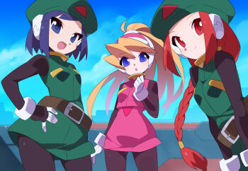 Rule 34 | 3girls, beret, black bodysuit, blonde hair, blue eyes, blue hair, bodysuit, braid, brown eyes, brown hair, ciel (mega man), commentary request, cowboy shot, dress, green dress, green hat, group picture, hat, high ponytail, kaidou zx, long hair, mega man (series), mega man zero (series), multiple girls, pink shirt, pink skirt, ponytail, robot ears, shirt, short hair, skirt, smile, unnamed female soldier (mega man zero)