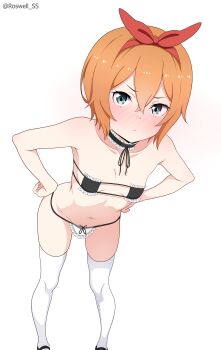 1girl absurdres alternate_costume bent_over bikini black_bikini black_shoes blue_eyes blush breasts choker closed_mouth collar collarbone crossed_bangs detached_collar embarrassed eyepatch_bikini frilled_bikini frilled_choker frilled_collar frills hair_between_eyes hairband hand_on_own_hip hands_on_own_hips highres loli looking_at_viewer maid maid_bikini maid_headdress medium_hair micro_bikini navel orange_hair petra_leyte re:zero_kara_hajimeru_isekai_seikatsu red_hairband red_ribbon ribbon roswell_ss shoes simple_background small_breasts solo standing swimsuit thighhighs thighs unconventional_maid white_background white_thighhighs