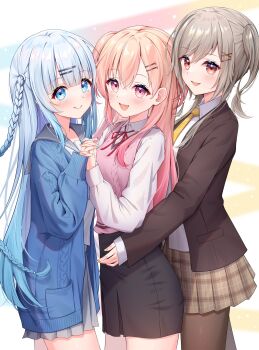 3girls black_skirt blonde_hair blue_cardigan blue_eyes blue_hair blue_nails braid brown_jacket brown_skirt cardigan collared_shirt cowboy_shot dress_shirt fang girl_sandwich gradient_hair grey_skirt hair_ornament hairclip highres interlocked_fingers jacket long_hair long_sleeves miniskirt momose_nina multicolored_hair multiple_girls nail_polish neck_ribbon necktie pencil_skirt pink_eyes pink_hair pink_nails pink_sweater_vest plaid_clothes plaid_skirt pleated_skirt project_nebula red_eyes red_ribbon ribbon sandwiched shirt side_ponytail skin_fang skirt sleeves_past_wrists suzuri_ren sweater_vest toki_(toki_ship8) usui_yura very_long_hair virtual_youtuber white_shirt x_hair_ornament yellow_nails yellow_necktie