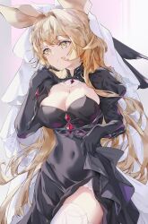 Rule 34 | 1girl, absurdres, animal ears, arknights, black dress, black gloves, blonde hair, breasts, cleavage, covered navel, dorothy (arknights), dorothy (hand of destiny) (arknights), dress, gloves, hair intakes, highres, jewelry, large breasts, long hair, long sleeves, luridrumours, mouse ears, mouse girl, official alternate costume, puffy long sleeves, puffy sleeves, ring, side slit, skindentation, solo, stomach, thighhighs, twirling hair, underbust, veil, very long hair, white thighhighs, yellow eyes