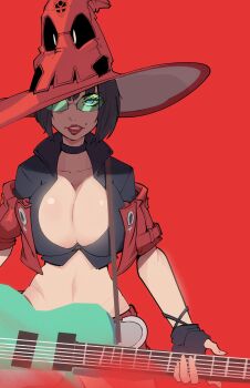 Rule 34 | arc system works, black hair, blue eyes, breasts, choker, cleavage, collarbone, fingerless gloves, gloves, guilty gear, guilty gear strive, guitar, hat, i-no, instrument, large breasts, lipstick, makeup, midriff, mole, mole above mouth, parted lips, sunglasses, teeth, witch hat