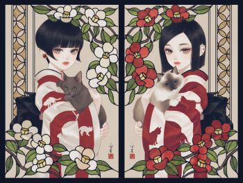 2girls absurdres animal animal_print black_border black_hair black_sash blunt_bangs blunt_ends border branch brown_cat brown_eyes cat cat_print closed_mouth ear_piercing earrings flower from_side highres holding holding_animal holding_cat japanese_clothes jewelry kimono leaf lips long_sleeves looking_at_viewer looking_to_the_side multiple_girls obi original parted_hair parted_lips piercing print_kimono red_flower red_kimono sash seal_impression short_hair siblings sidelocks signature stained_glass standing striped_clothes striped_kimono twins upper_body ushiyama_ame vertical-striped_clothes vertical-striped_kimono very_short_hair white_flower white_kimono wide_sleeves