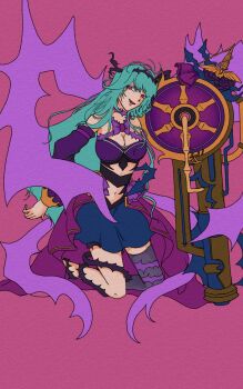 Rule 34 | 1girl, asagi blue33, big breasts, black hairband, blue hair, breasts, cannon, chaos aurora (grimms notes), grimms notes, hairband, highres, holding, holding cannon, holding weapon, kneeling, large breasts, light blue hair, long hair, midriff, navel, open mouth, smile, solo, thorns, unfinished, weapon