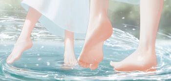 Rule 34 | 2girls, barefoot, commentary, dress, feet, fern (sousou no frieren), foot focus, frieren, hanr10, highres, multiple girls, outdoors, soles, sousou no frieren, standing, standing on liquid, toes, water, white dress