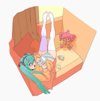 :o absurdres bed drill_hair durigakkin game_boy_advance game_boy_advance_sp game_boy_cartridge game_cartridge green_hair handheld_game_console hatsune_miku highres kasane_teto legs looking_at_viewer orange_shirt panties pillow shirt striped_clothes striped_panties stuffed_toy underwear vocaloid