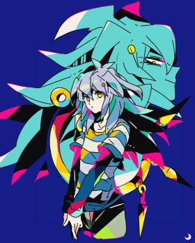 2boys bakura_ryou blue_background closed_mouth commentary_request cropped_legs grey_hair highres long_hair long_sleeves looking_at_viewer male_focus millennium_ring mizuki_tsukimori multiple_boys orange_eyes projected_inset shirt simple_background striped_clothes striped_shirt undershirt yami_bakura yu-gi-oh! yu-gi-oh!_duel_monsters