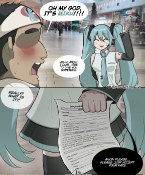 1boy 1girl ^_^ anger_vein arm_behind_back arm_tattoo arm_up black_skirt black_sleeves blue_hair blush breasts closed_eyes commentary double-parted_bangs english_commentary english_text facing_another hair_between_eyes hatsune_miku headband highres holding holding_behind_back job_application_form_(meme) long_hair medium_breasts meme miniskirt morgzkun number_tattoo open_mouth otaku photo_background shirt skirt sleeveless sleeveless_shirt smile speech_bubble sweat talking tattoo twintails vocaloid waving white_headband white_shirt