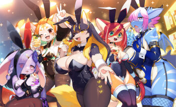 5girls alcohol animal_ears bar_(place) black_fur black_hair black_leotard black_thighhighs blonde_hair blue_leotard blue_skin bow breasts brown_eyes bunnimals chinese_clothes choker cleavage cocktail colored_inner_hair colored_skin dragon_ears dragon_girl dragon_horns dragon_tail dragon_wings drink fake_animal_ears fox_ears fox_girl furry furry_female green_eyes hair_bow holding holding_drink horns huge_breasts indoors kishibe leotard long_hair looking_at_viewer lupinus_(bunnimals) marie_gold medium_breasts multicolored_hair multiple_girls official_art one_eye_closed open_mouth orange_fur orange_hair outstretched_hand pantyhose pink_hair playboy_bunny purple_fur purple_hair rabbit_ears red_hair roza_(bunnimals) second-party_source short_hair sineria_(bunnimals) sitting small_breasts standing streaked_hair tail thighhighs tiger_ears tiger_girl tiger_tail white_fur wings wolf_ears wolf_girl wolf_tail wrist_cuffs xiaoju_(bunnimals)