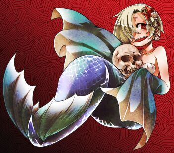 1girl absurdres arm_fins ayame_hashinimasen bags_under_eyes bikini black_background blonde_hair bone commentary commission commissioner_upload ear_piercing earrings fins gradient_background grin hair_ornament hair_over_one_eye highres holding holding_skull idolmaster idolmaster_cinderella_girls jewelry looking_at_viewer mermaid monster_girl monsterification open_mouth piercing red_background red_eyes shell shell_bikini shell_hair_ornament shirasaka_koume short_hair skeb_commission skull skull_hair_ornament sleeves_past_wrists smile solo starfish_hair_ornament swimsuit teeth upper_teeth_only