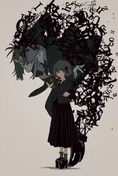 1boy 1girl animated black_skirt book expressionless formal_clothes glasses hair_over_one_eye highres komugiko_2000 monster_boy necktie original platform_footwear platform_heels pointy_ears school_uniform short_hair skirt standing stitches suit tagme video