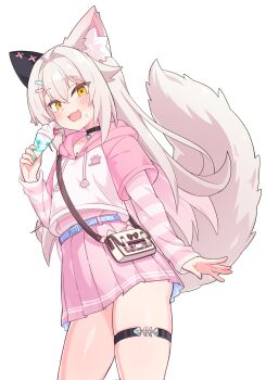 1girl :d animal_ear_fluff animal_ears bag belt belt_buckle black_choker blue_belt blush brown_hair buckle cherry choker collarbone commentary_request drawstring food food_on_face fruit hair_between_eyes hair_intakes highres holding holding_food hood hood_down hoodie ice_cream ice_cream_cone ice_cream_on_face layered_sleeves long_hair long_sleeves open_mouth orange_eyes original pink_skirt pleated_skirt shirt short_over_long_sleeves short_sleeves shoulder_bag simple_background skindentation skirt smile solo striped_clothes striped_shirt tail ug_(nekonekodou) undershirt very_long_hair white_background white_hoodie