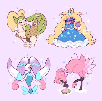 +_+ 2024_pokemon_teraleak artist_name bird blush_stickers character_request commentary english_commentary flamingo florges_(prototype) flower gen_1_pokemon green_eyes hand_on_own_hip hand_up holding holding_flower jynx leaphere looking_back looking_down mega_jynx_(prototype) nintendo pokemon pokemon_(creature) pokemon_xy_(prototype) prototype_design purple_background sparkle standing star_(symbol) white_flower