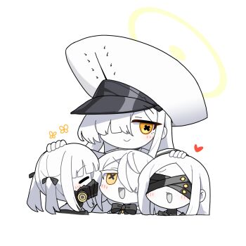 4girls absurdres black_bow black_mask blindfold blue_archive blush bow chibi colored_skin commentary_request covered_eyes ein_(blue_archive) hair_over_one_eye halo headpat highres korean_commentary large_hat malkuth_(blue_archive) mask multiple_girls ohr_(blue_archive) open_mouth respirator siblings simple_background sof_(blue_archive) symbol-shaped_pupils triplets white_background white_hair white_skin x-shaped_pupils yanggaengwang yellow_halo