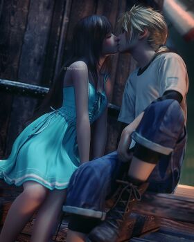 1boy 1girl 3d absurdres aged_down bare_shoulders black_hair blonde_hair blush closed_eyes cloud_strife couple dress final_fantasy final_fantasy_vii final_fantasy_vii_remake hetero highres kiss long_hair nibelheim ponytail ria-neearts shirt sitting sleeveless sleeveless_dress spiked_hair square_enix t-shirt tifa_lockhart