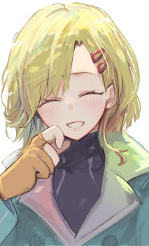 1other absurdres aqua_jacket black_shirt blonde_hair blush closed_eyes commentary_request facing_viewer gloves gnosia grin hair_ornament hairclip highres jacket koyuuuuuuuuuuu orange_gloves partially_fingerless_gloves setsu_(gnosia) shirt short_hair sidelocks simple_background smile upper_body white_background