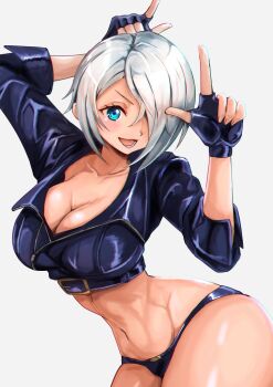 1girl angel_(kof) artist_request ass black_gloves black_jacket black_panties blue_eyes breasts cleavage cropped_jacket curvy female_focus fingerless_gloves gloves hair_over_one_eye hands_up jacket large_breasts leather leather_jacket looking_at_viewer lower_teeth_only open_mouth pale_skin panties pointing pointing_up short_hair smile smiley_face snk source_request teeth the_king_of_fighters thick_thighs thighs underwear white_hair wide_hips woodyusaku