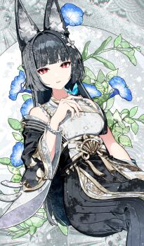 1girl animal_ear_fluff animal_ears bare_shoulders black_dress black_hair blue_butterfly blue_flower bug butterfly butterfly_on_hand cha_hanare commentary_request dress flower fox_ears fox_girl grey_background hair_flower hair_ornament hand_up highres hoshimi_miyabi hoshimi_miyabi_(dignified_blossom) insect japanese_clothes long_hair looking_at_viewer official_alternate_costume parted_lips red_eyes solo two-tone_dress white_dress white_flower zenless_zone_zero