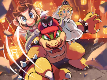 1girl 2boys armlet bare_shoulders blonde_hair blue_eyes bowser bracelet bridal_veil brown_hair cappy_(mario) claws crown dress earrings elbow_gloves facial_hair full_body gloves highres horns jewelry long_hair looking_at_viewer mario mario_(series) mario_(tuxedo) multiple_boys mustache nintendo official_alternate_costume official_style open_mouth ponytail possessed princess_peach princess_peach_(wedding) red_eyes rock short_hair spiked_armlet spiked_bracelet spiked_shell spikes standing super_mario_odyssey tiara_(mario) twitter_username veil wedding_dress white_dress white_gloves yamari_(ya_mari_6363)