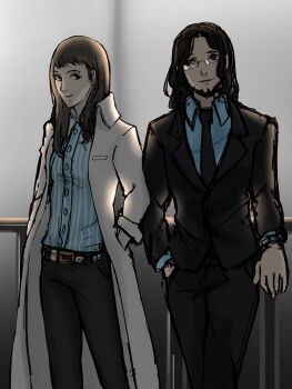 1boy 1girl 2020 atlus beard belt blue_shirt brown_hair business_suit facial_hair formal_clothes hair_between_eyes hasegawa_zenkichi highres ichinose_kuon lab_coat long_hair persona persona_5 persona_5_scramble:_the_phantom_strikers scientist shirt suit synria