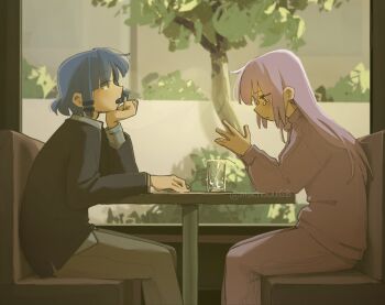 2girls black_shirt blue_eyes blue_hair bocchi_the_rock! booth_seating commentary english_commentary gotoh_hitori grey_pants hair_ornament hairclip hand_on_own_chin highres long_sleeves machuuu68 medium_hair multiple_girls open_mouth pants pink_hair pink_track_suit shirt sitting tearing_up track_suit twitter_username yamada_ryo yellow_eyes