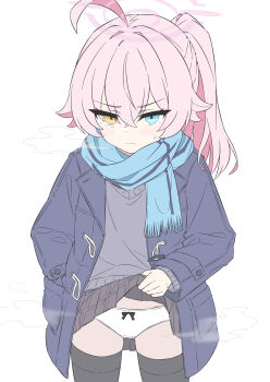 1girl absurdres ahoge alternate_costume black_skirt black_thighhighs blue_archive blue_eyes blue_jacket blue_scarf blush bow bow_panties closed_mouth clothes_lift commentary_request cowboy_shot crossed_bangs crotch_seam dot_nose grey_vest hair_flaps hair_intakes halo hand_in_pocket heterochromia highres hoshino_(blue_archive) hoshino_(second_year)_(blue_archive) huge_ahoge jacket lifting_own_clothes light_blush loli looking_at_viewer medium_hair miniskirt mizusaki_(kn27) open_clothes open_jacket panties pink_hair pink_halo plaid_clothes plaid_skirt ponytail scarf simple_background skirt skirt_lift solo thighhighs thighs underwear vest white_background white_panties yellow_eyes zettai_ryouiki